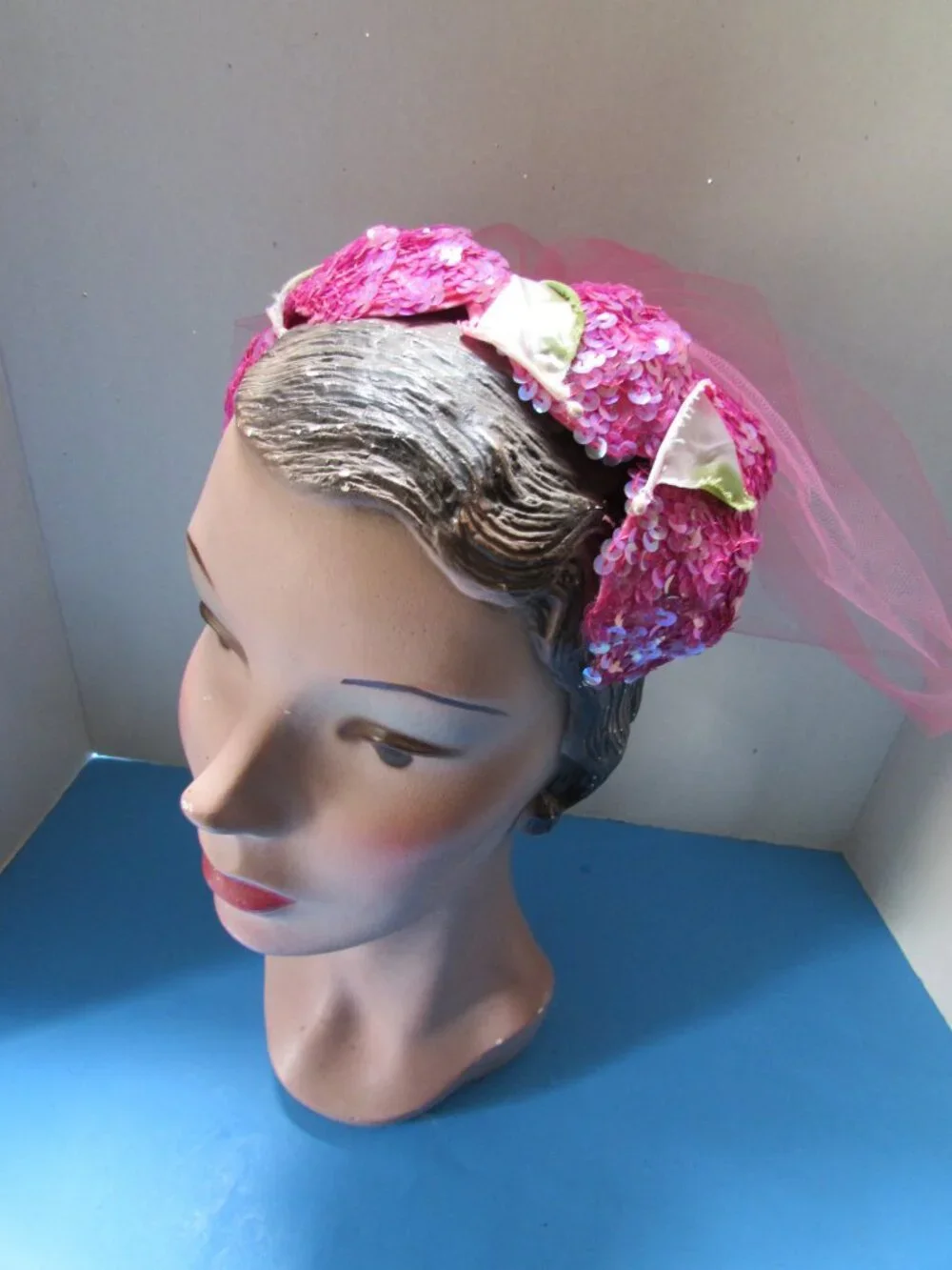 Vintage Half Hat Fuchsia Sequins Pink Veil